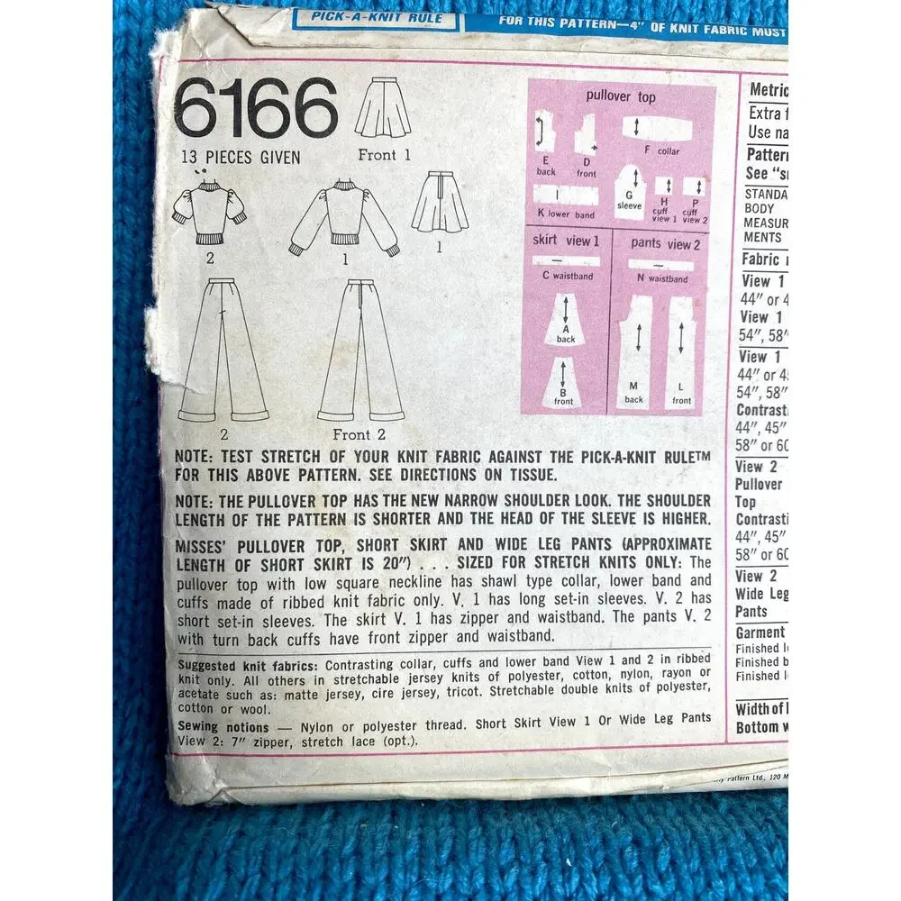 Simplicity 6166 Sewing pattern knit top A line skirt bell bottom pants size 12